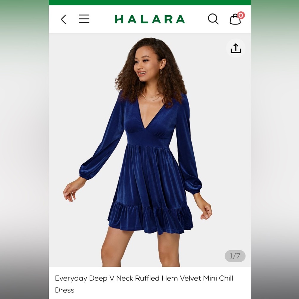 Halara Everyday Deep V Neck Ruffled Hem Velvet Mini Dress, Navy/Dark Blue, Large